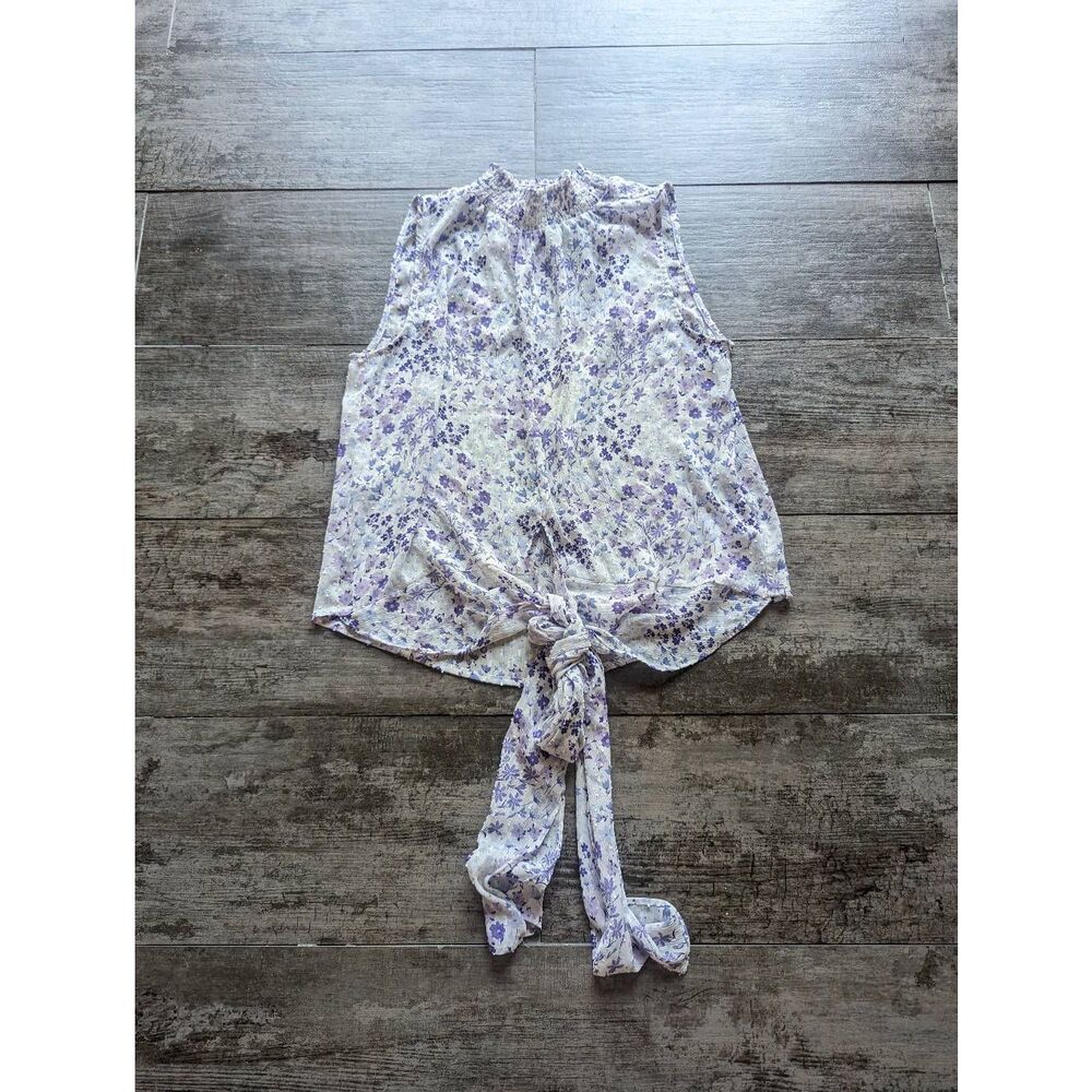 RACHEL ZOE Mini Floral Swiss Dot Sleeveless Tank Blouse Front Tie Smock …